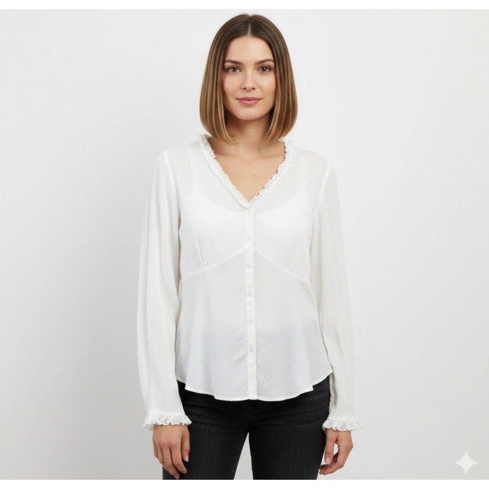 Venezia Jeans Womens 14/16 Sheer Ruffle V-Neck Blouse White Cotton‎ Long Sleeve